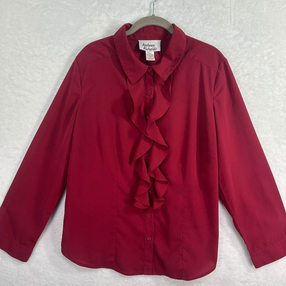 Anthony Richards Ruffle Blouse Women 16W Red Long Sleeve Button Up